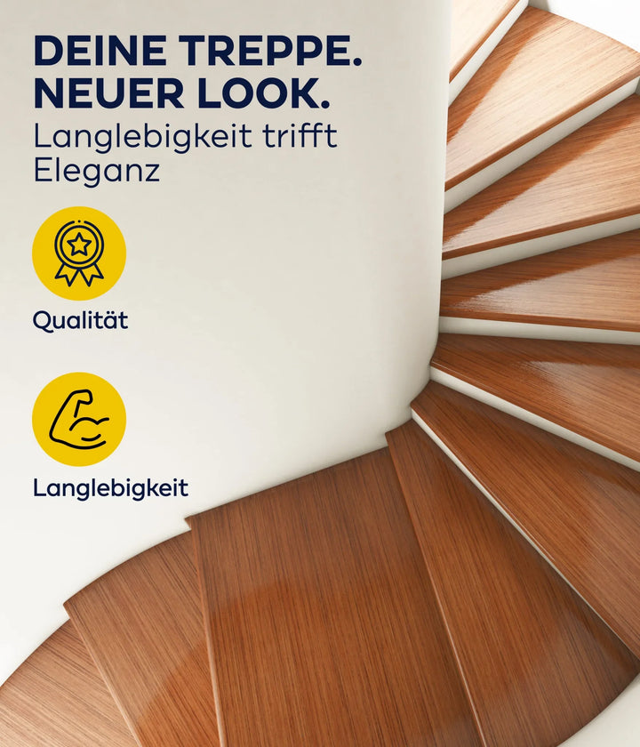 Eine moderne Holztreppe schlängelt sich eine weiße Wand hinauf. Deutscher Text: DEINE TREPPE. NEUER BLICK. Langlebigkeit trifft Eleganz. Icons zeigen plid Plid Treppenlack - strapazierfähig &amp; schnell trocknend für Qualität und extra Haltbarkeit.