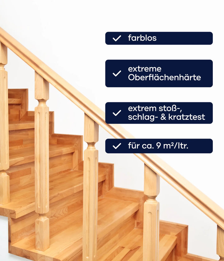 Eine leichte Holztreppe mit vier blauen Boxen für das plid Treppenlack - Lackierset: farblos, extrem oberflächenhärte, extrem stoß-, schlag- &amp; kratzfest, und ergiebig für ca. 9 m²/ltr-ideal für Ihr nächstes Projekt.