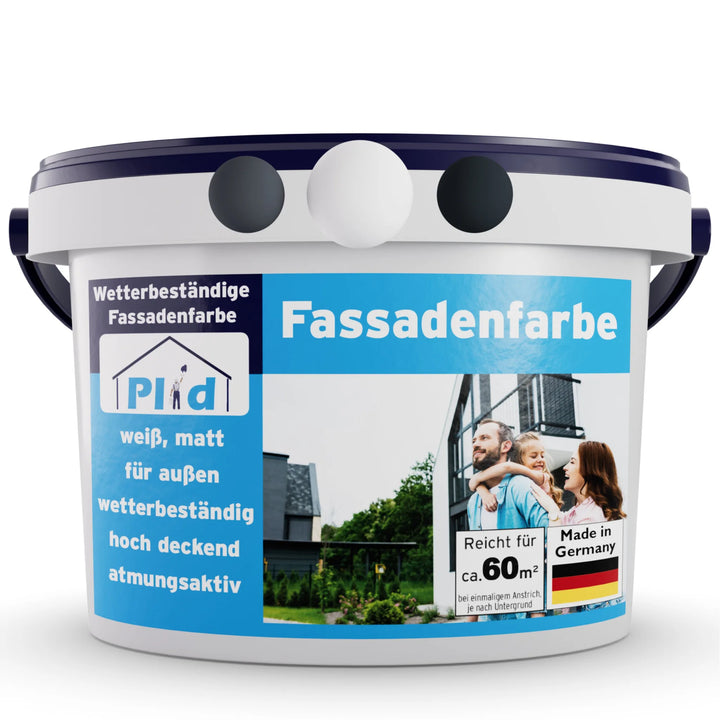 Ein weiß-blauer Putzeimer mit der Aufschrift "Fassadenfarbe wetterfest &amp; diffusionsoffen für Außenwände", matt, weiß, deckt ca. 60 m². Die wetterfeste Außenfarbe Made in Germany schützt Ihr Haus zuverlässig.