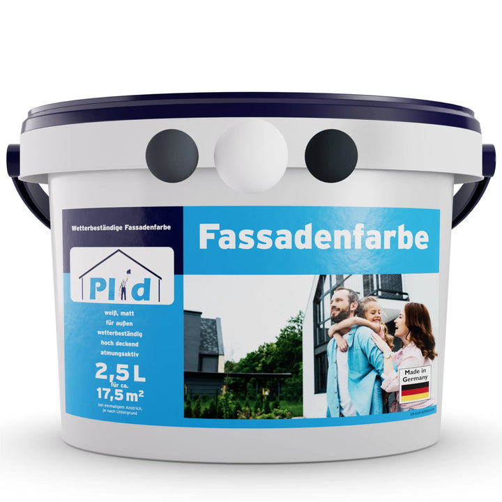 Ein weißer Plastikeimer von plid Fassadenfarbe wetterfest &amp; diffusionsoffen für Außenwände, mit einem blauen Etikett, das eine lächelnde Familie vor einem modernen Haus zeigt. Das Etikett hebt den Wetterschutz, die Abdeckung und die Qualität "Made in Germany" hervor.
