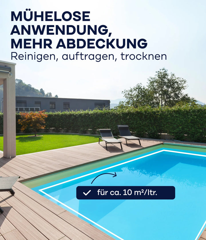 Ein moderner Hinterhof mit Pool, Terrasse, Liegestühlen und Bäumen. Die plid Poolfarbe Anstreichset blau chlorresistent komplett ist leicht anzuwenden, bietet hohe Abdeckung (ca. 10 m²/L), trocknet schnell und eignet sich ideal für Betonuntergrund im Außenbereich.