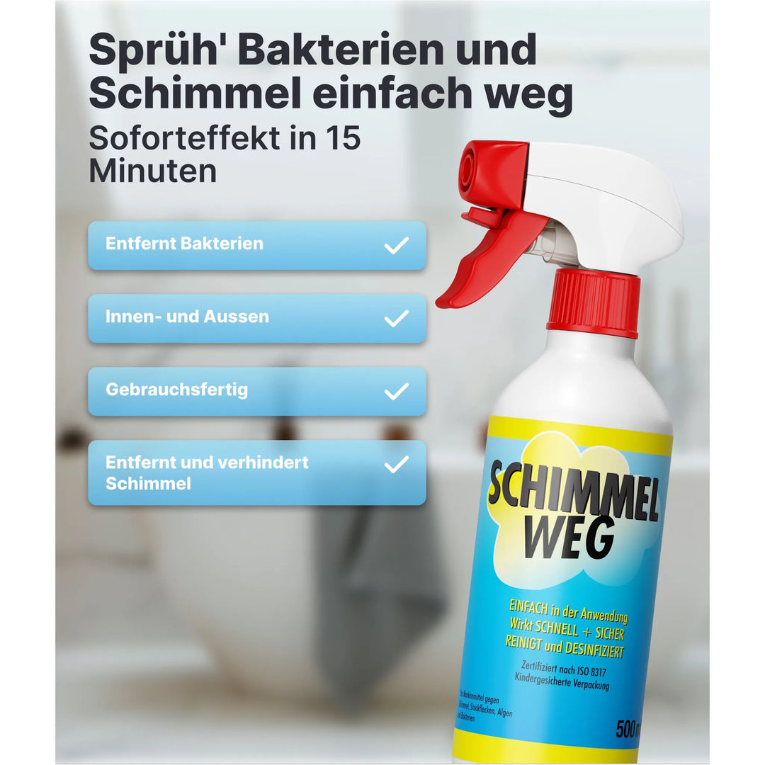 Hand hält eine Sprühflasche Plid Anti-Schimmelspray, daneben Hinweise zur Anwendung