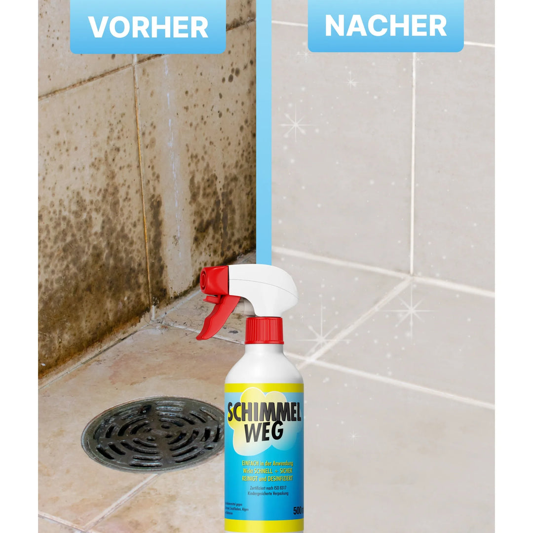 Geflieste Duschecke im Vorher-Nachher-Vergleich, in der Mitte Plid Anti-Schimmelspray