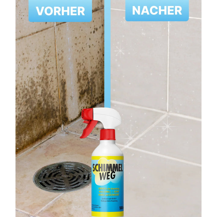 Geflieste Duschecke im Vorher-Nachher-Vergleich, in der Mitte Plid Anti-Schimmelspray