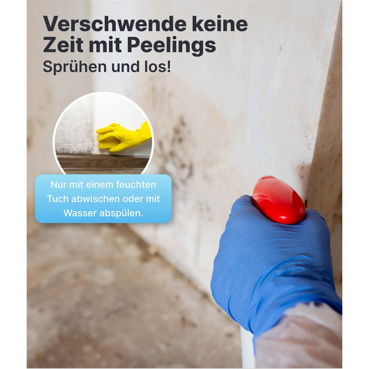 Person mit blauem Handschuh besprüht eine Wand mit Plid Anti-Schimmelspray