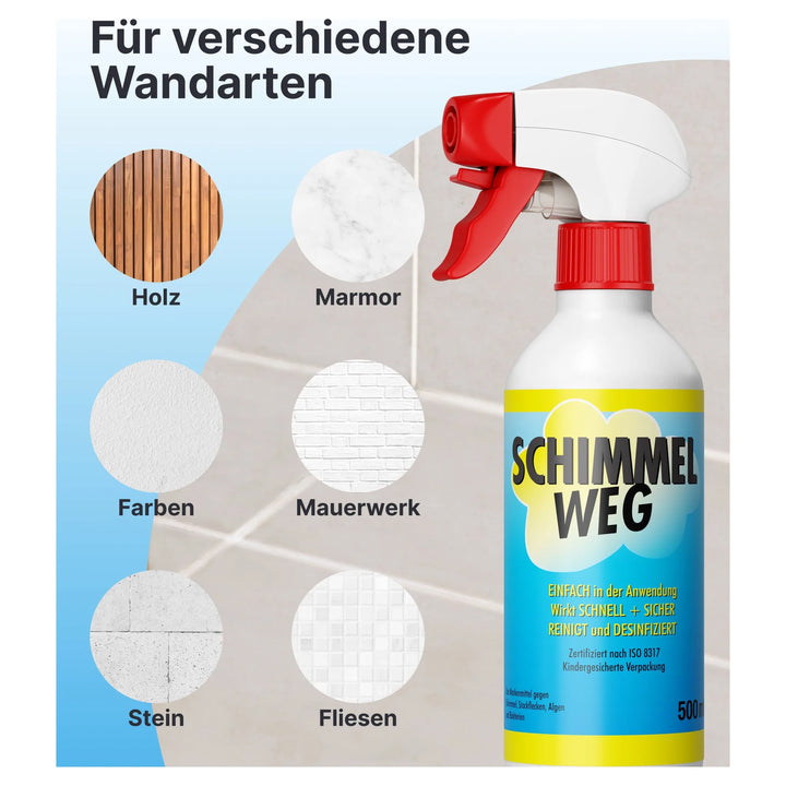 Plid Anti-Schimmelspray neben Symbolen für Holz, Marmor, Farbe, Mauerwerk, Stein und Fliesen