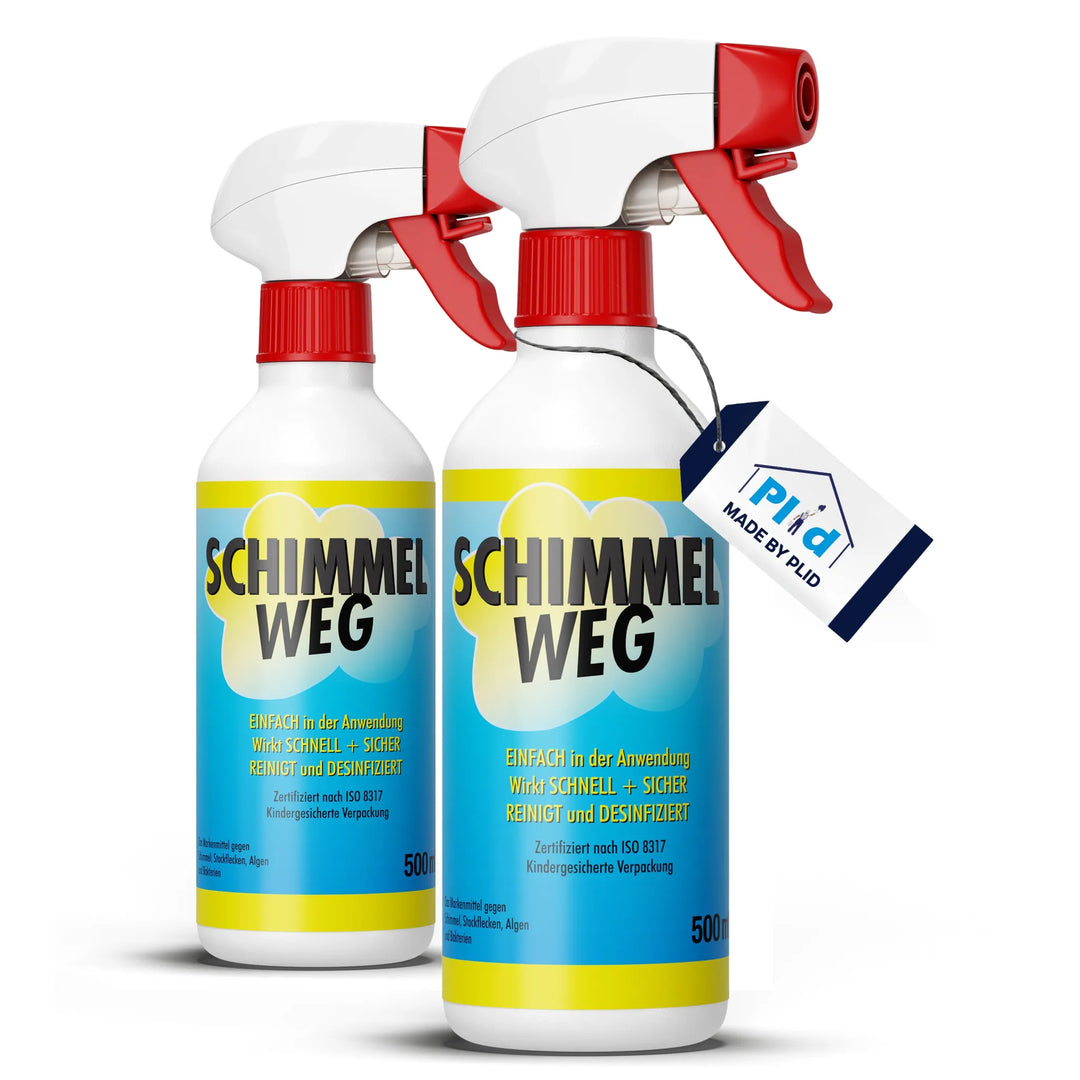 Zwei 500-ml-Sprühflaschen Plid Anti-Schimmelspray mit gelb-blauen Etiketten