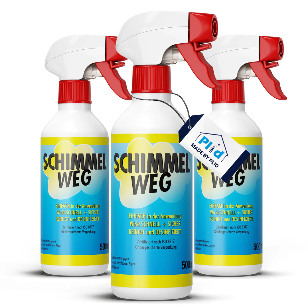 Drei Sprühflaschen Plid Anti-Schimmelspray mit rot-weißen Düsen und blau-gelben Etiketten