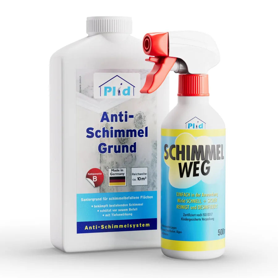 Plid Anti-Schimmelspray neben einer weiteren weißen Flasche mit blauer Kappe